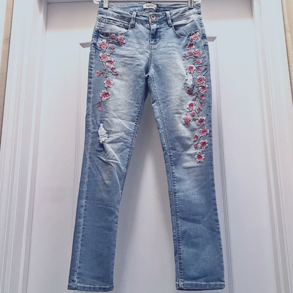 Squeeze Stretch Girls Size 12 Jeans-Embroidered Flowers-Distressed-School-Peach